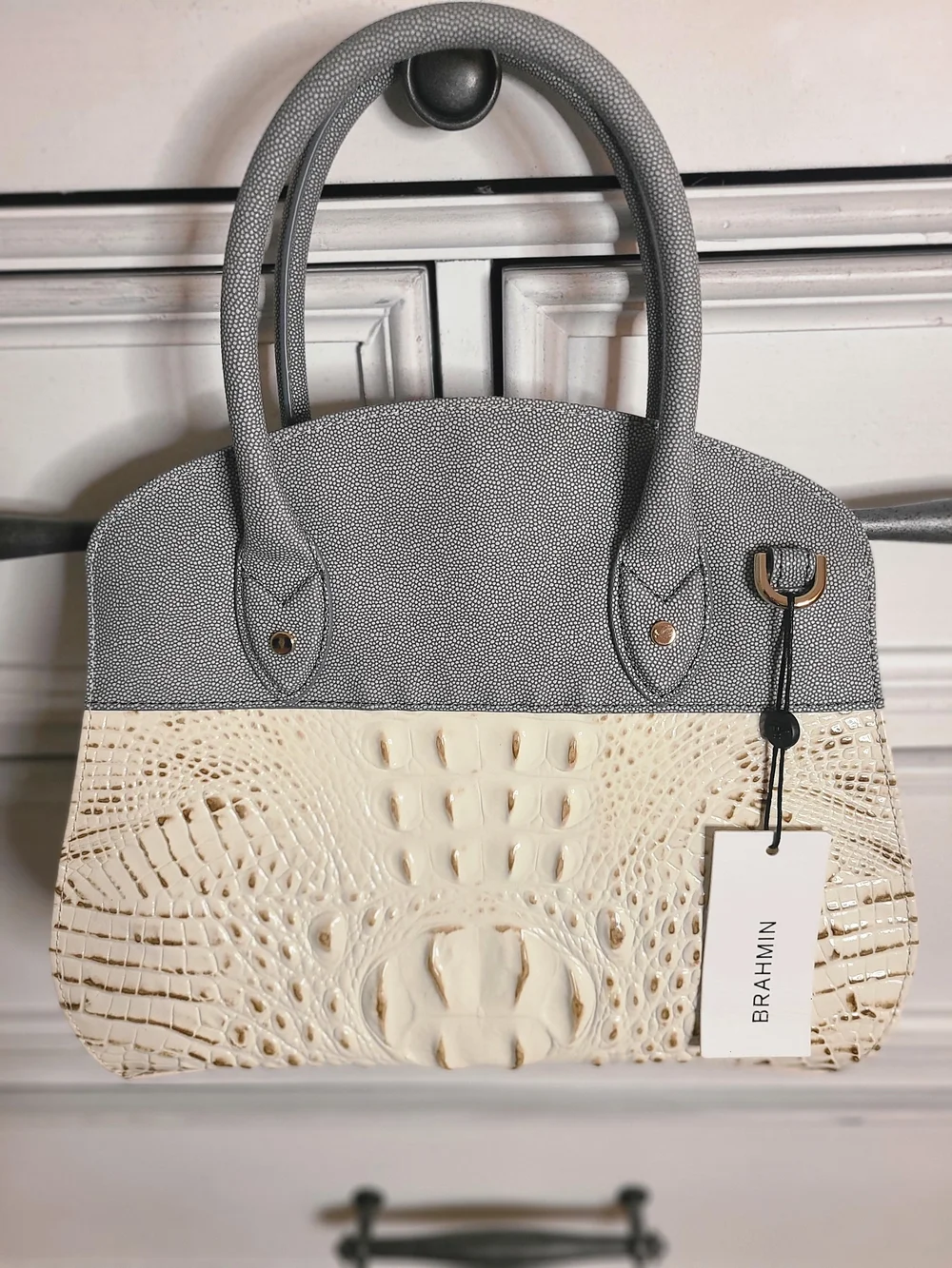BRAHMIN-Gray and Cream Croc-Geniune Leather Satchel with Gold Accent